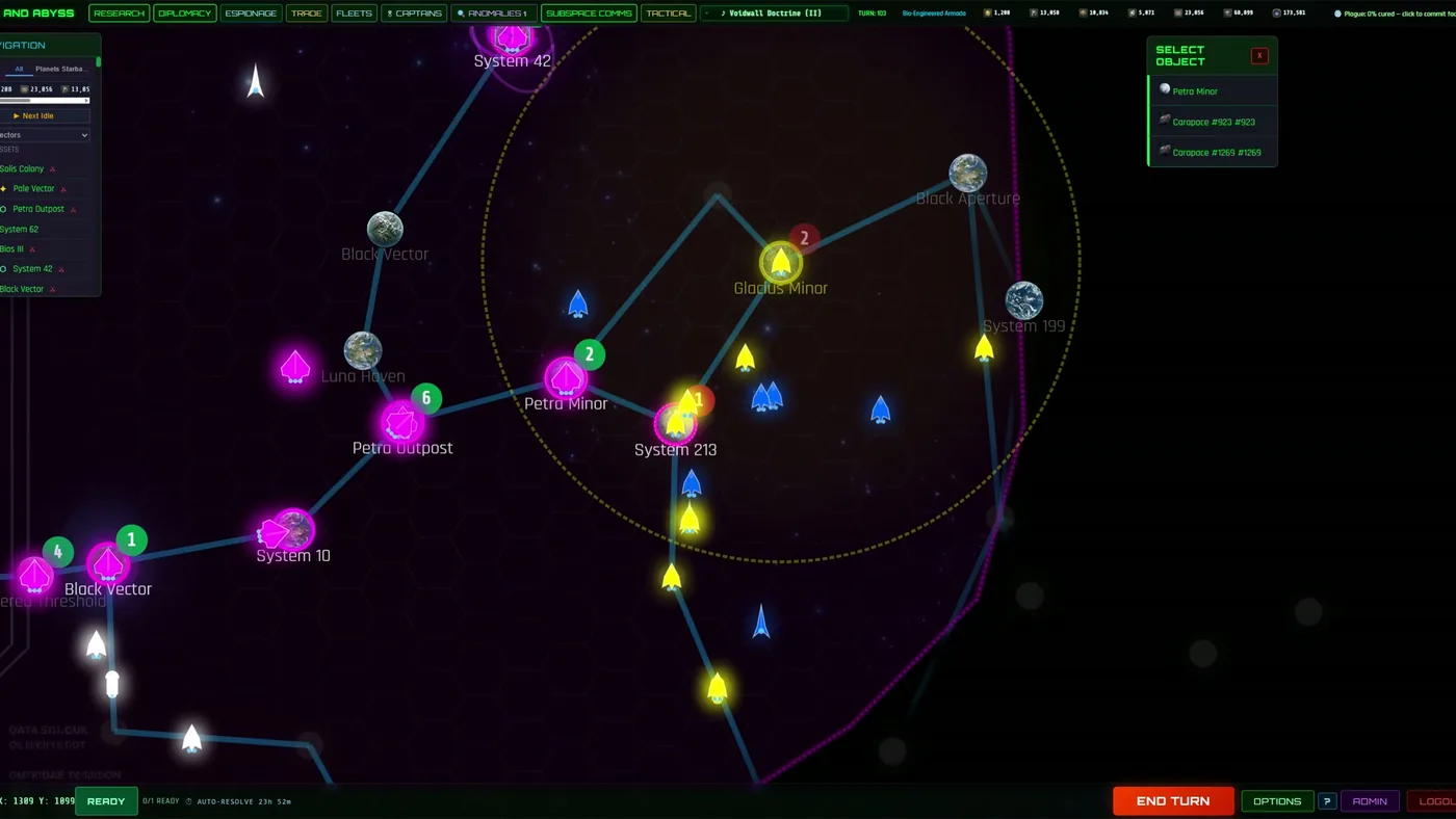 System view — colonies, fleets, and the Abyss edge